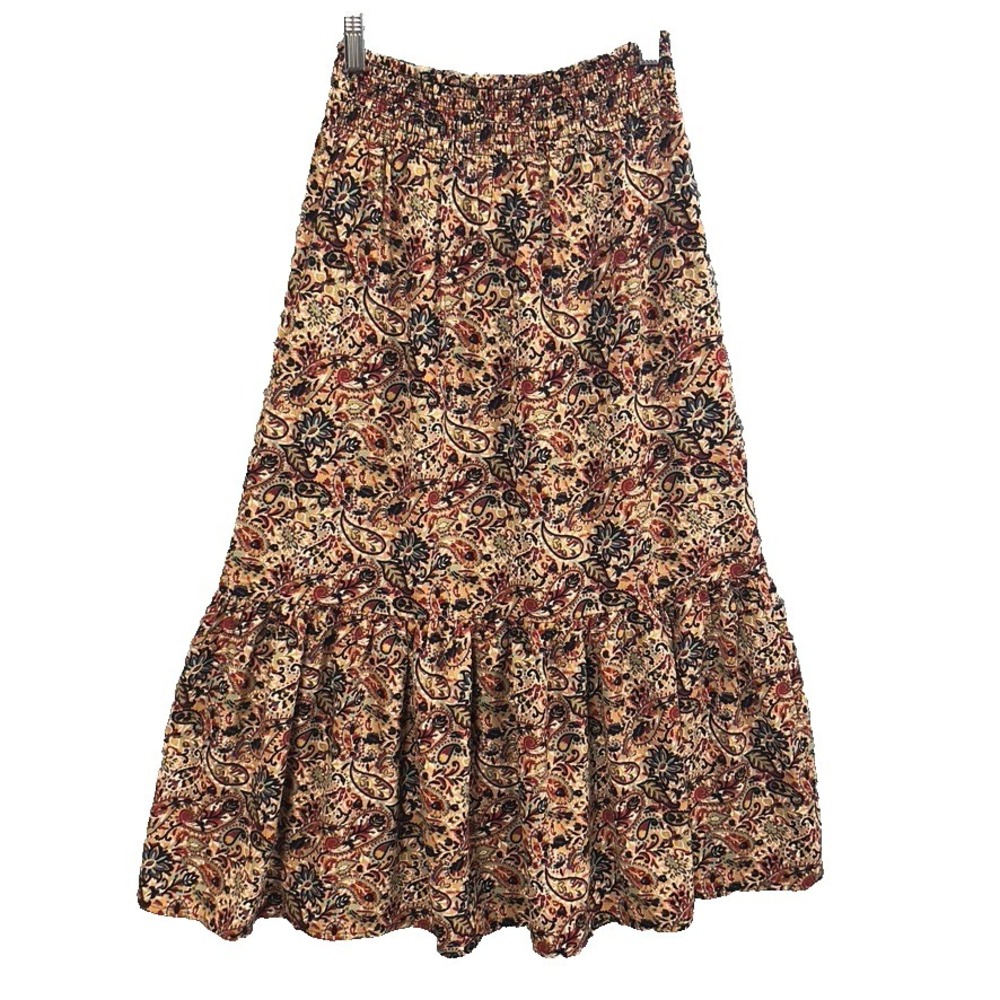 Evereve Tiered Maxi‎ Skirt Womens XS Paisley Smocked Waist Pull On Boho Earthy